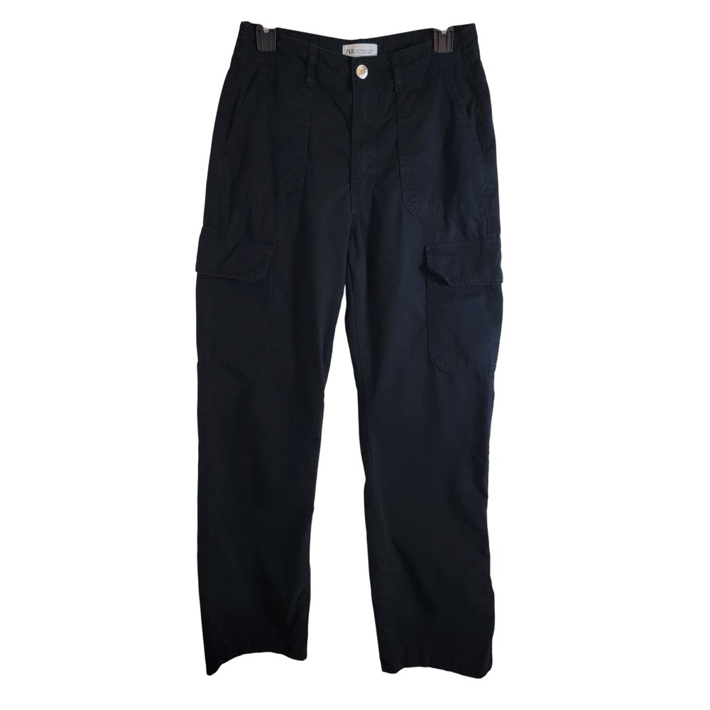 Zara Sz 6 Wide Leg High Waist Cargo Pant Black Utility Pockets Casual Button Zip